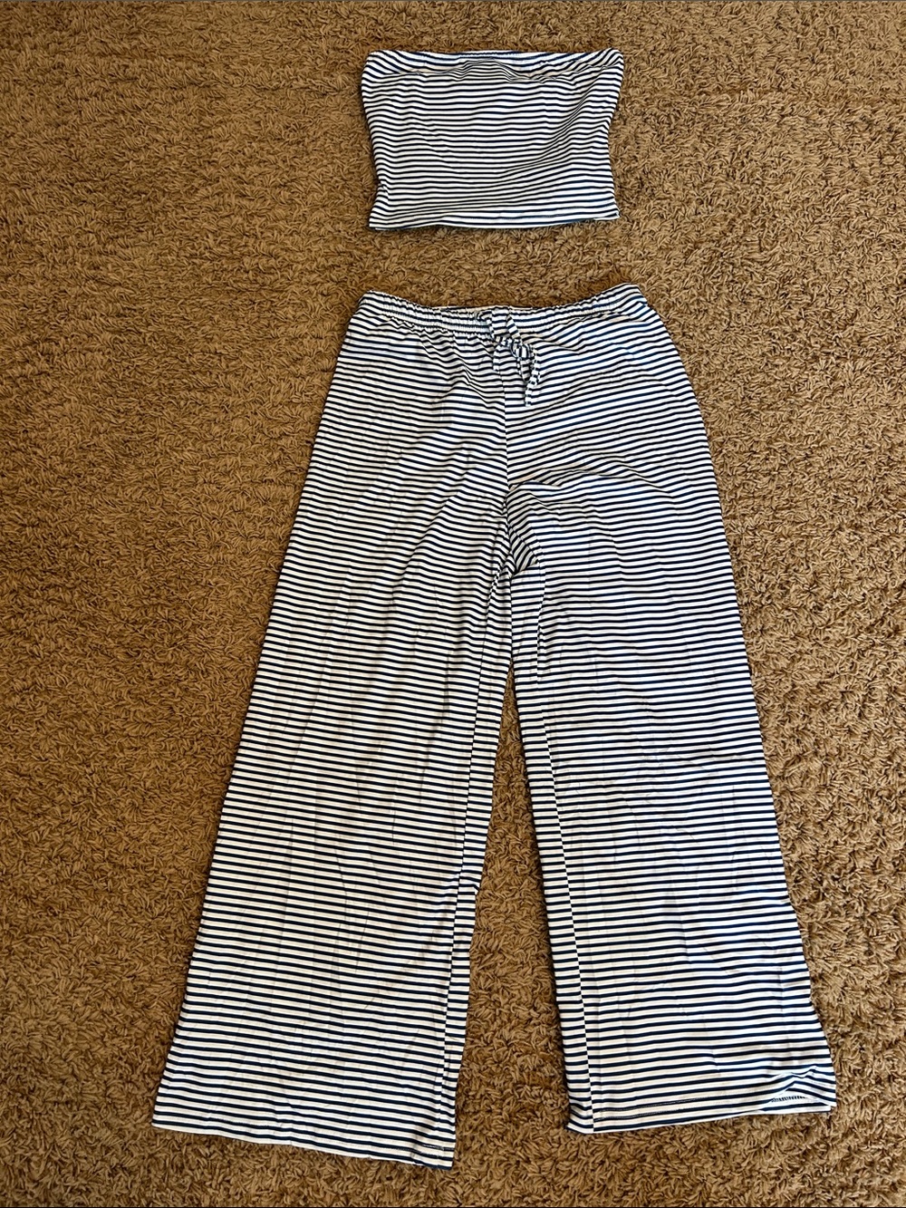 SHEIN navy and white striped tube top and pants lounge set size petite small